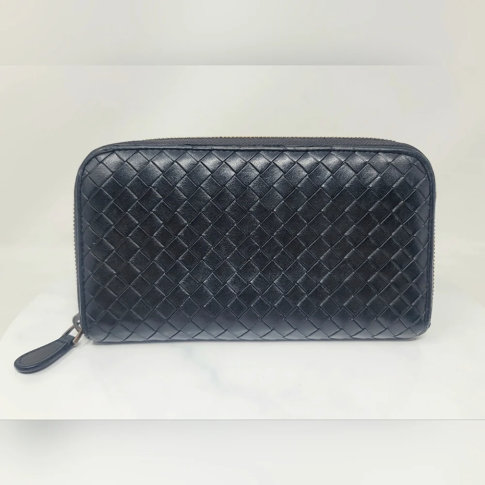 Bottega Veneta Black Woven Leather Zip Around Long Wallet Italy Authentic